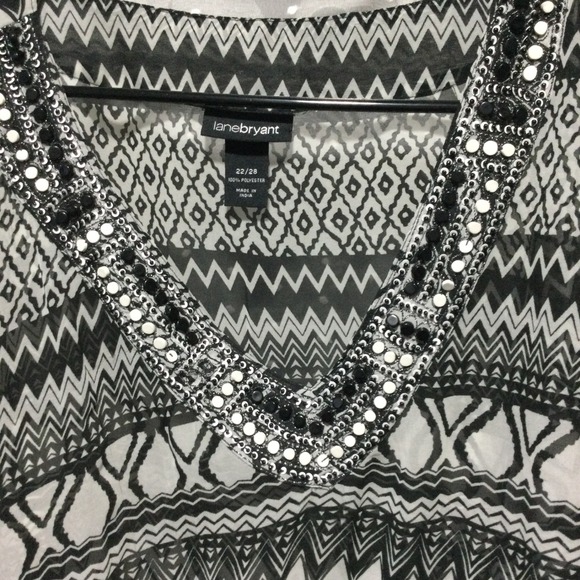 Lane Bryant Black and White Geometric Swim Coverup with Beaded V-Neck - Picture 2 of 7